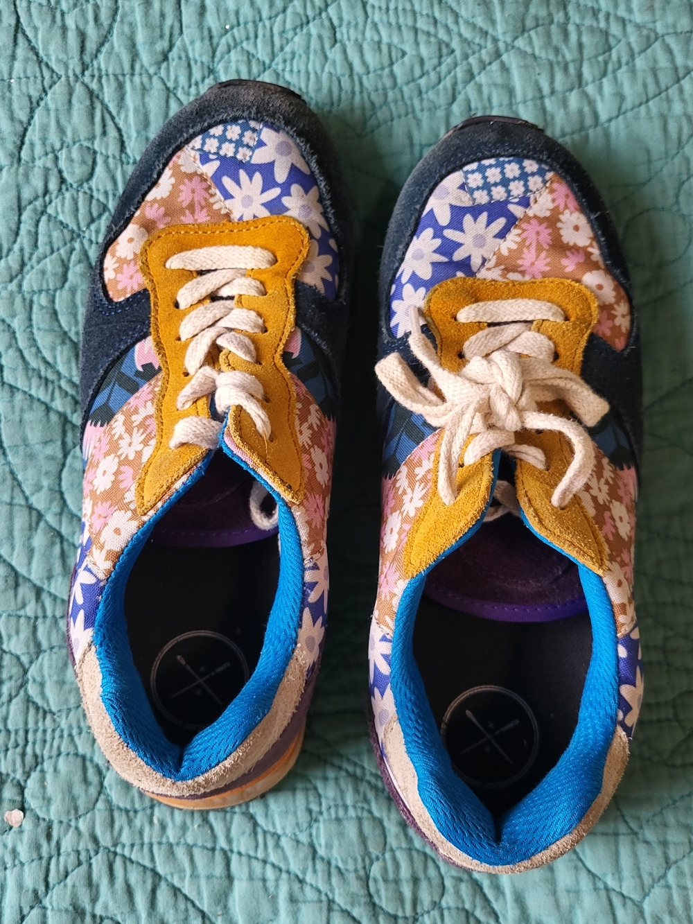 inkkas Blue Floral Sneakers with Mustard Suede Accents